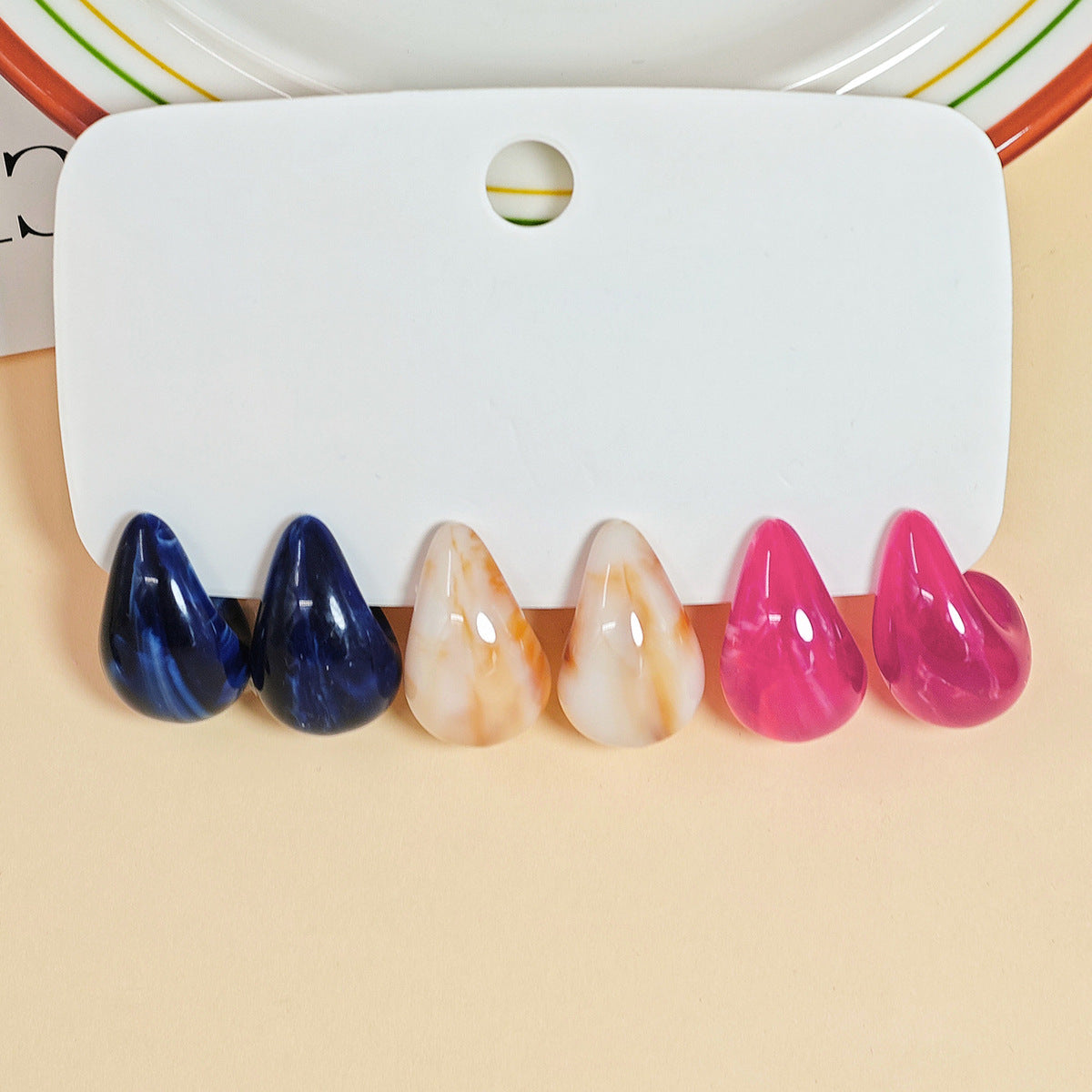 Women Fashion Solid Color Resin Water Drop Earrings 3-Pair Set