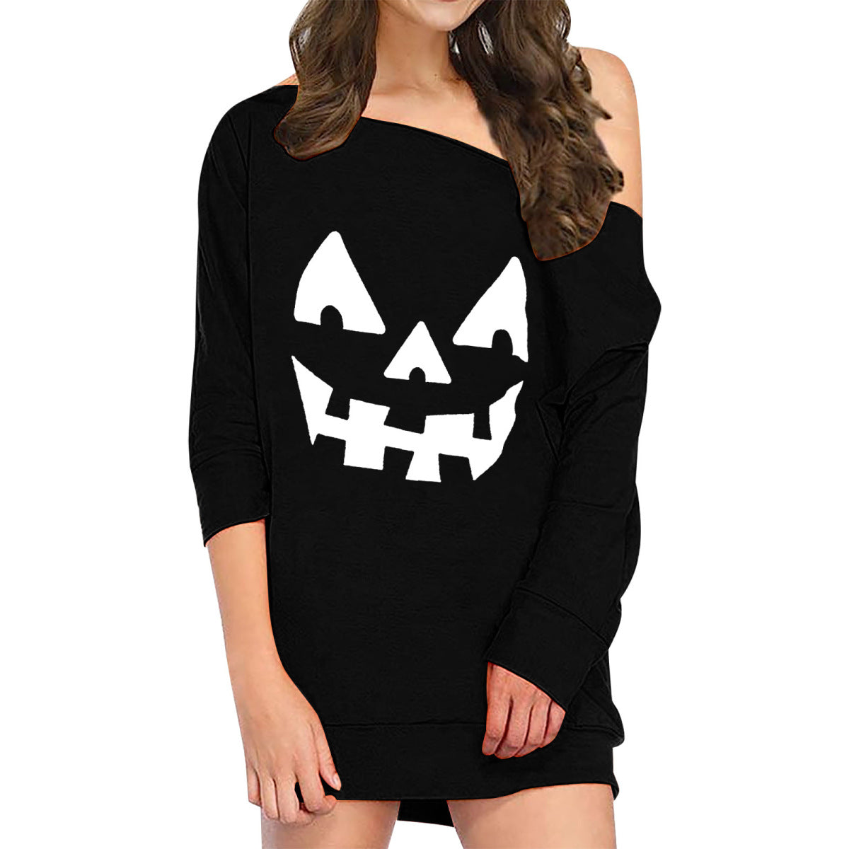 Vestido holgado de manga larga con estampado de calabaza y sonrisa de Halloween para mujer