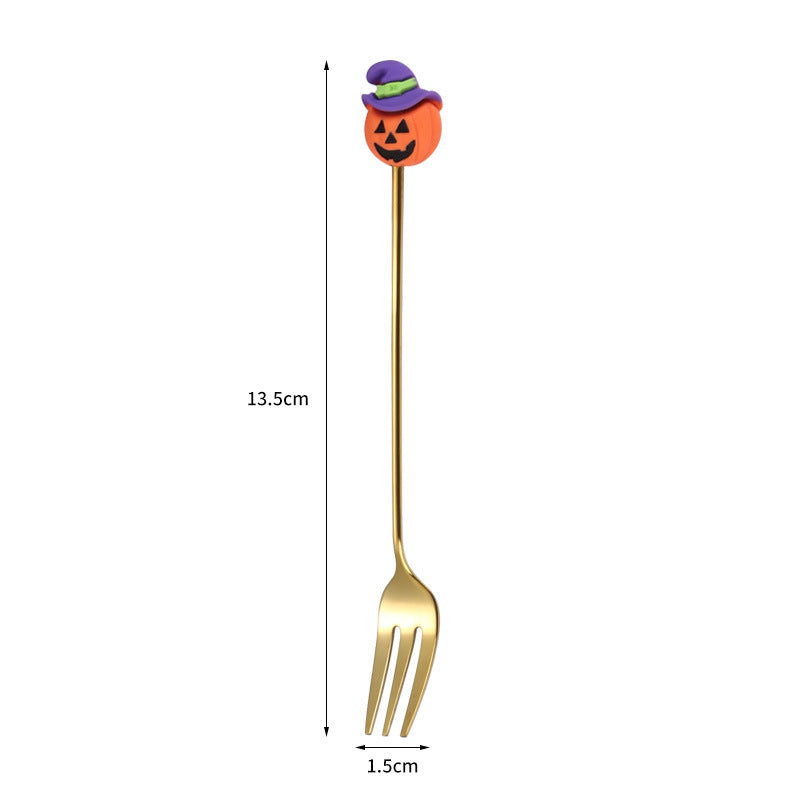 Tenedor y cuchara de acero inoxidable para postres y frutas con dibujos animados de Halloween.