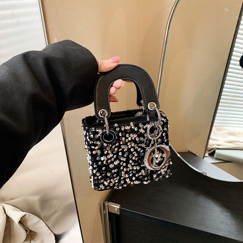 Mini bolso bandolera de verano con lentejuelas brillantes y correa de perlas