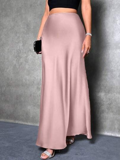 Women Fashion Casual Solid Color Satin Skirt
