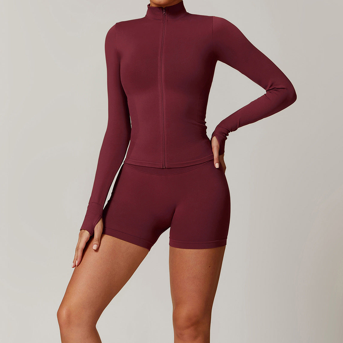 Women Fashion Solid Color Zipper Jacket & Shorts Set