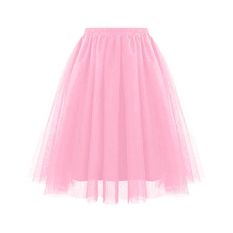 Women Fashion Elegant Solid Color High Waist Pleated Mesh Skirt