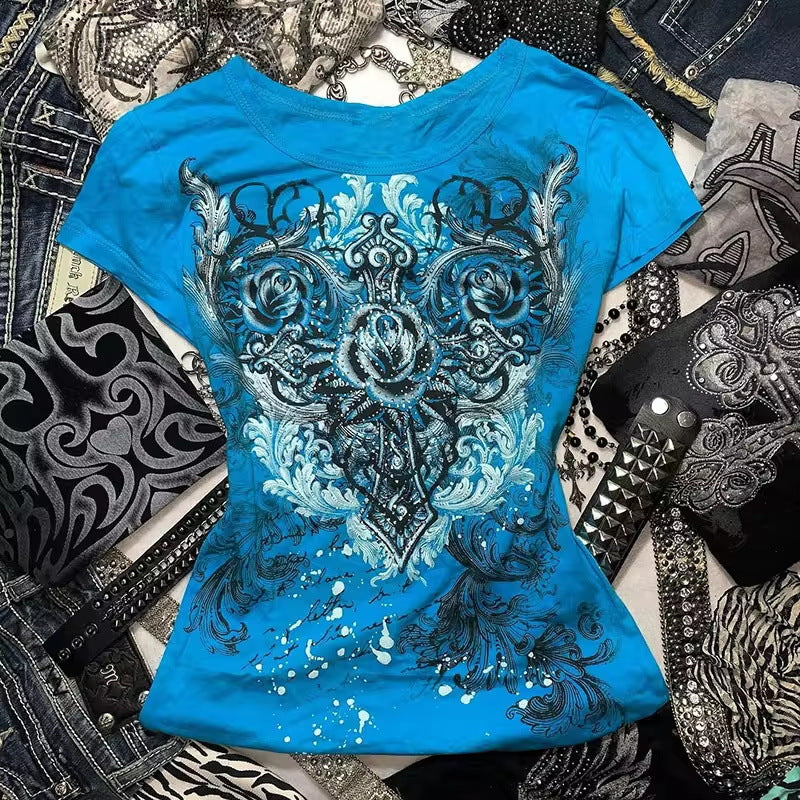 Camiseta de manga corta con estampado gótico de moda de verano para mujer