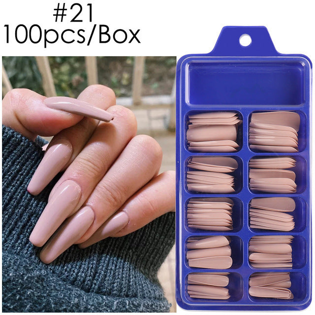 Uñas postizas con diseño de caja azul y pegatinas completas para usar en ballet largo