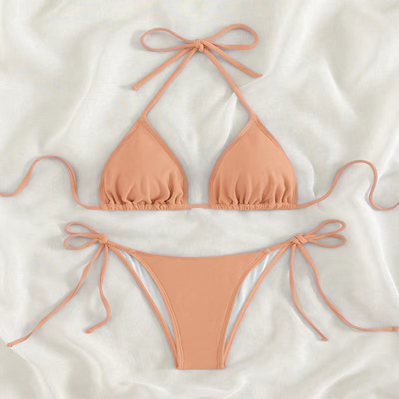 Bikini sexy de cuello halter de color sólido a la moda para mujer