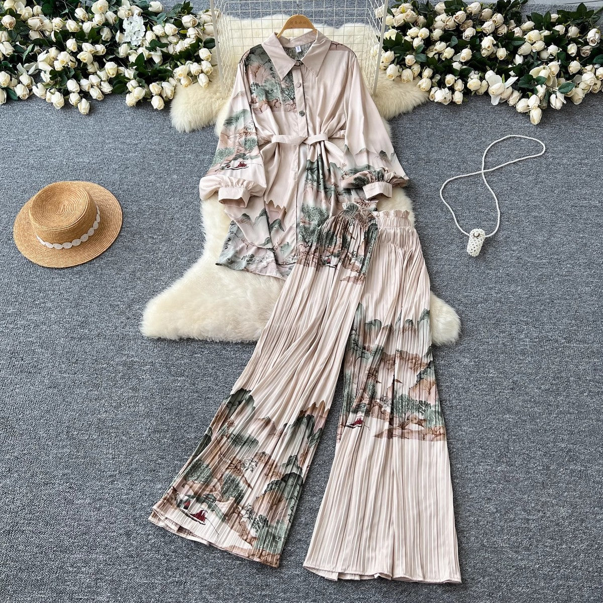 Women Casual Printed Blouse and Wide Leg Pants Set