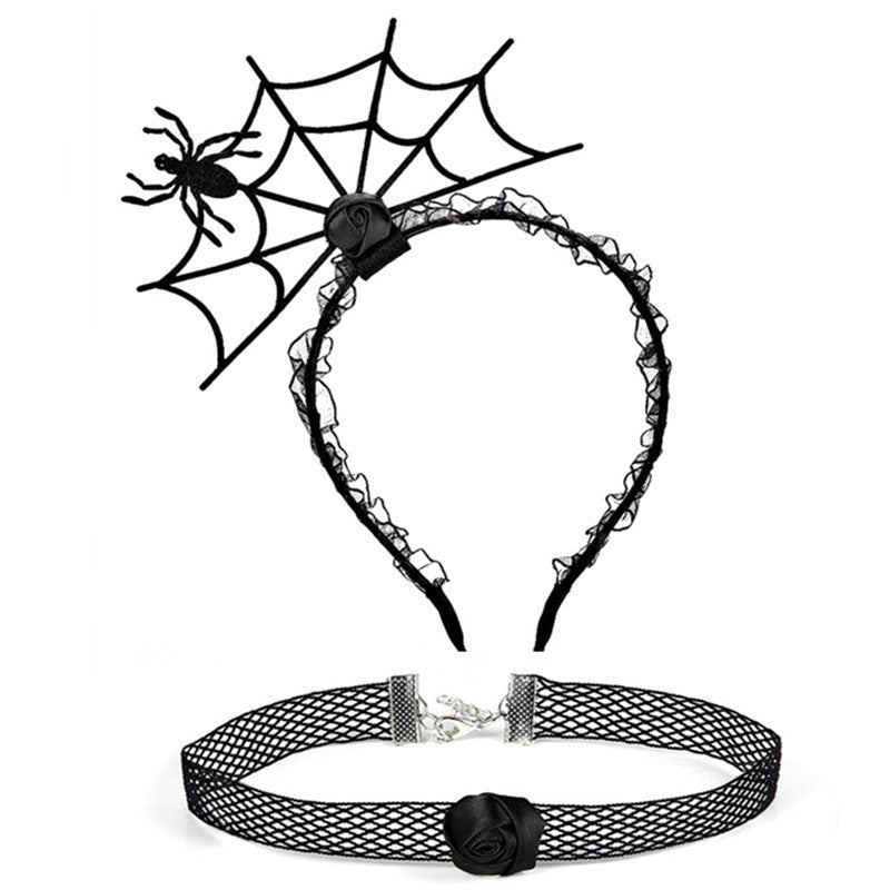 Ensemble de bijoux ras du cou en dentelle avec bandeau en toile d'araignée noire pour femme, idéal pour Halloween