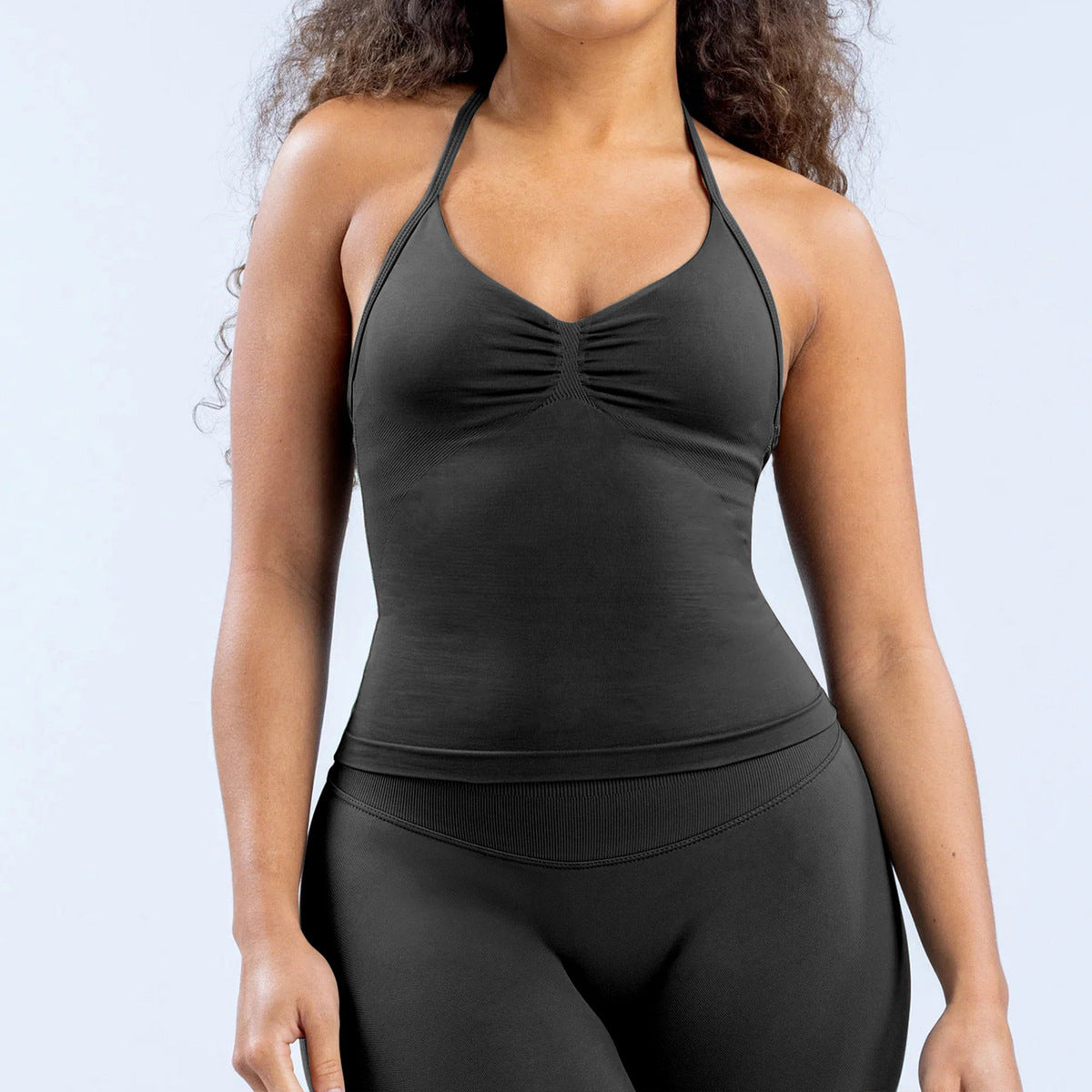 Top de yoga con cuello halter, sin costuras y color liso para mujer