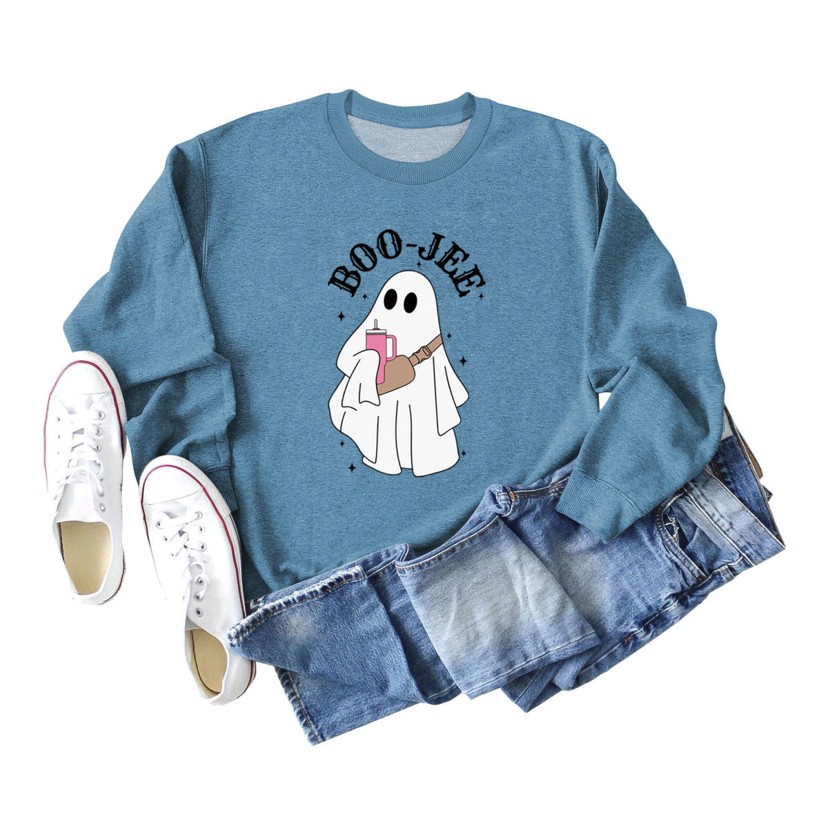 Sweat-shirt ras du cou imprimé fantôme de dessin animé pour femme Halloween