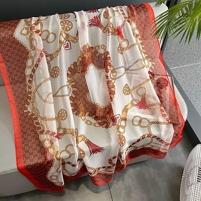 Summer Women Fashion Geometric Leaves Printed Silk Scarf