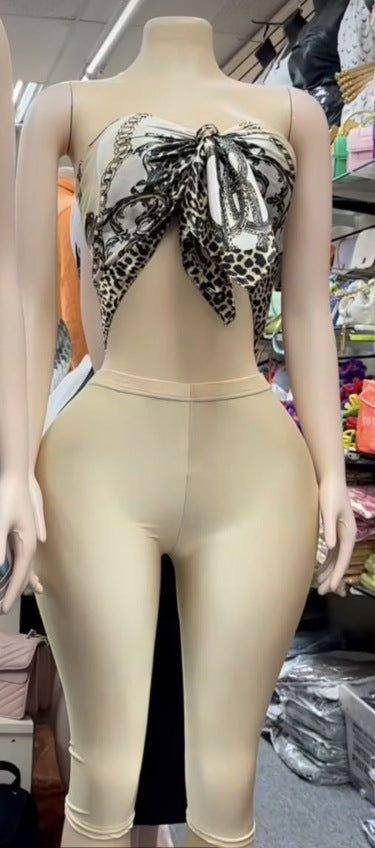 Women Fashion Sexy Printed Tube Top and Tight Pants Set