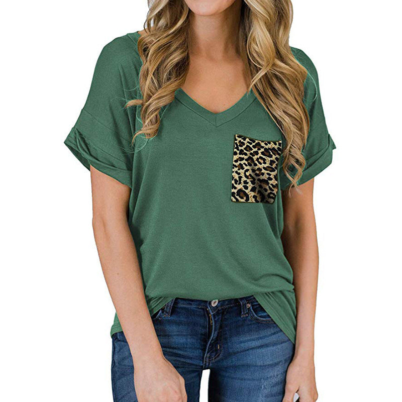 Camiseta lisa de manga corta con cuello en V para mujer