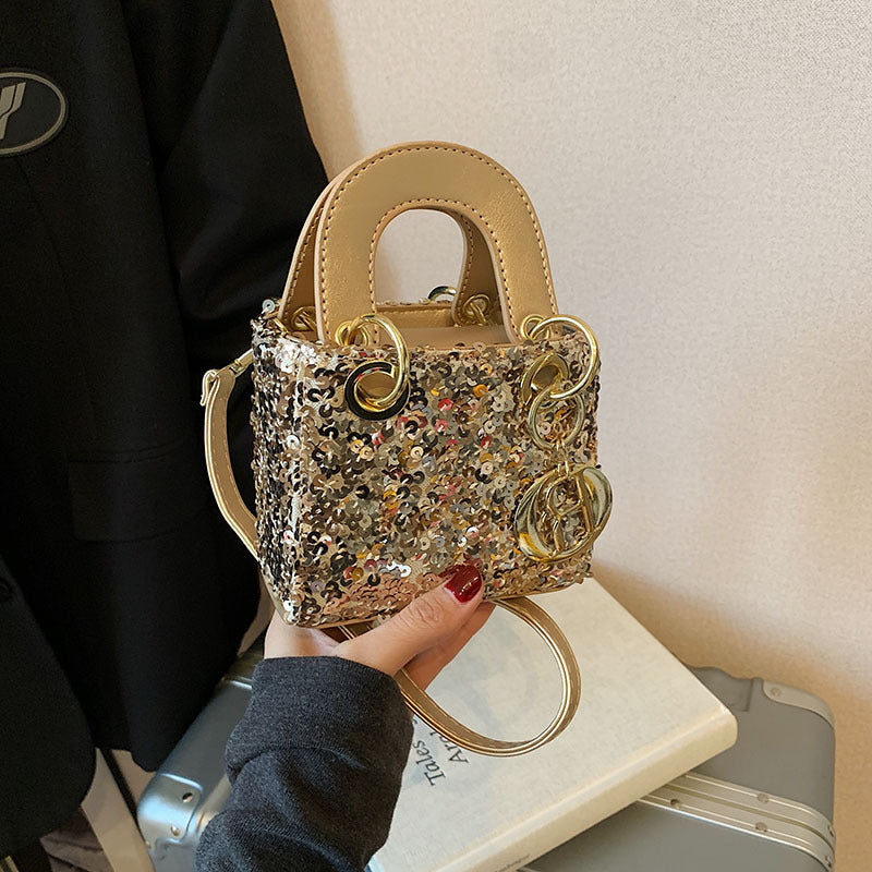 Mini bolso bandolera de verano con lentejuelas brillantes y correa de perlas