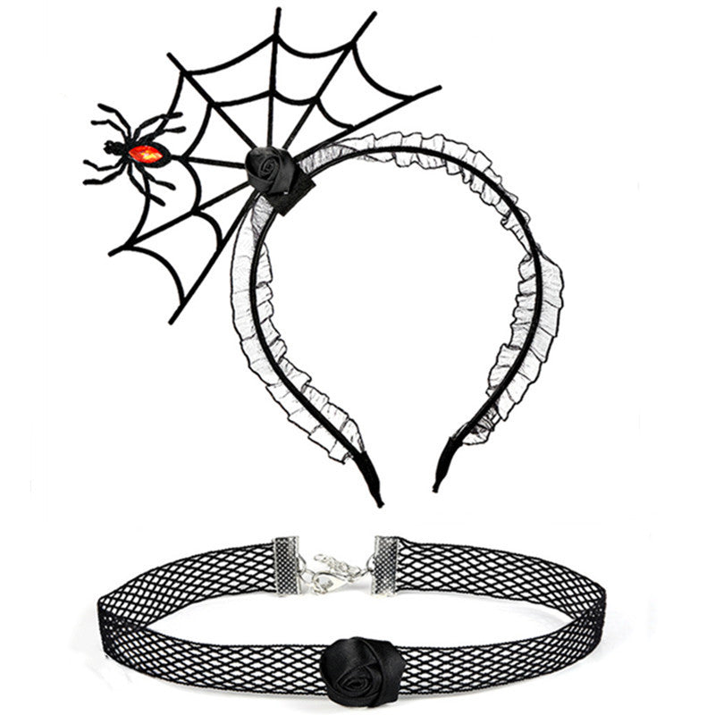 Ensemble de bijoux ras du cou en dentelle avec bandeau en toile d'araignée noire pour femme, idéal pour Halloween