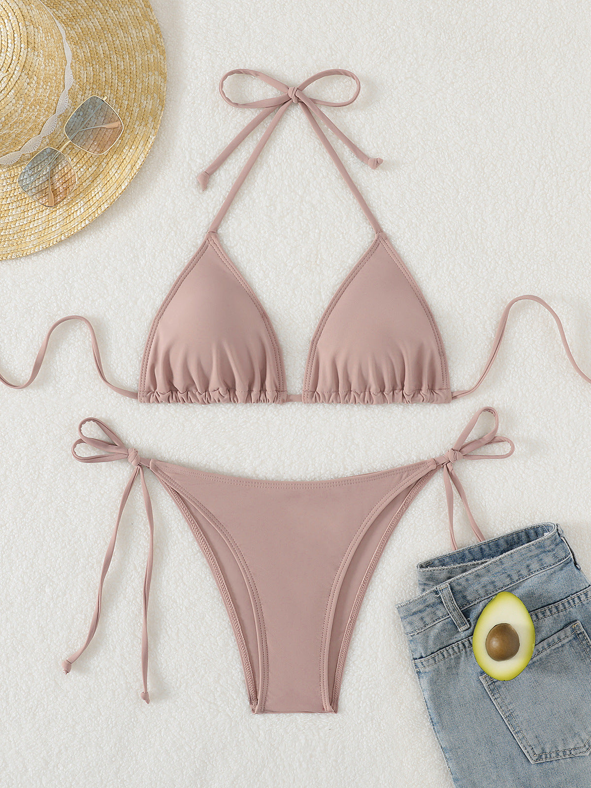 Bikini sexy de cuello halter de color sólido a la moda para mujer