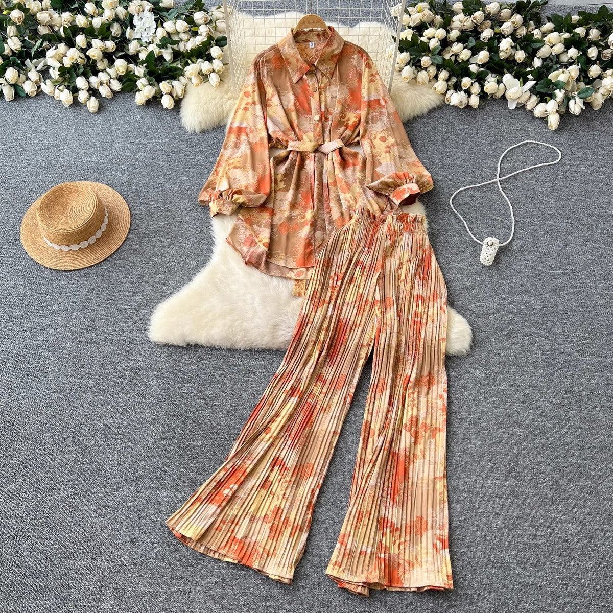 Women Casual Printed Blouse and Wide Leg Pants Set
