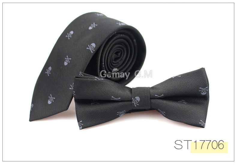 Ensemble d'accessoires de cravate ultra-étroite en polyester pour homme, motif tête de mort, pour Halloween