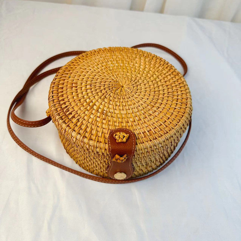 Sac rond en paille tissée vintage de style bohème