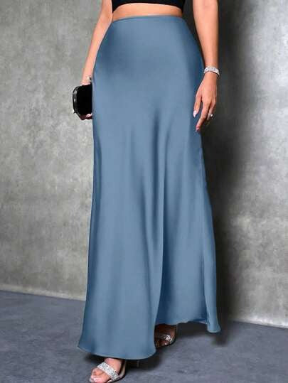 Women Fashion Casual Solid Color Satin Skirt