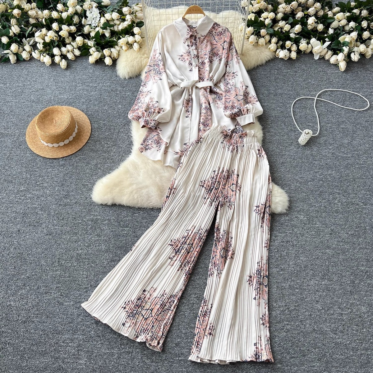 Women Casual Printed Blouse and Wide Leg Pants Set