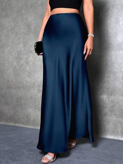 Women Fashion Casual Solid Color Satin Skirt