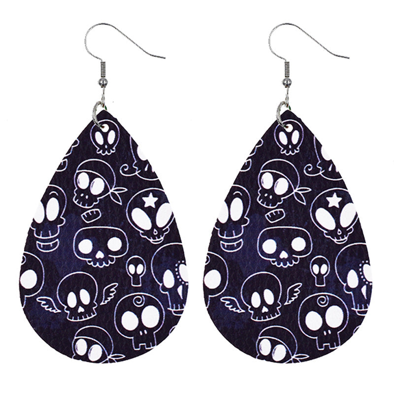 Halloween Women Fashion Leather Pumpkin Skull Earrings