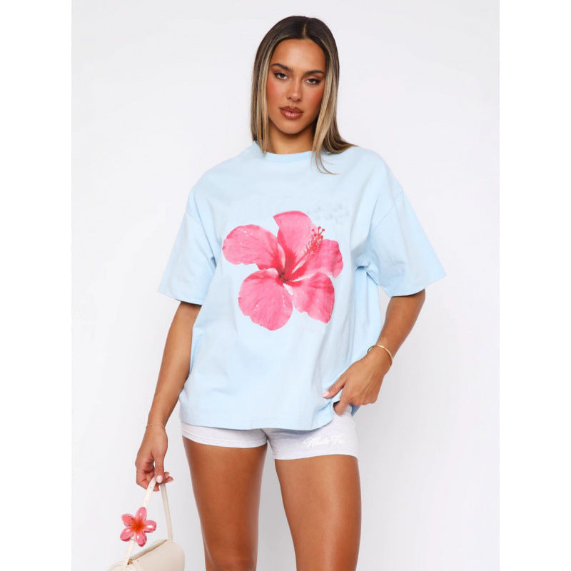 T-shirt ample décontracté en coton à imprimé floral pour femme