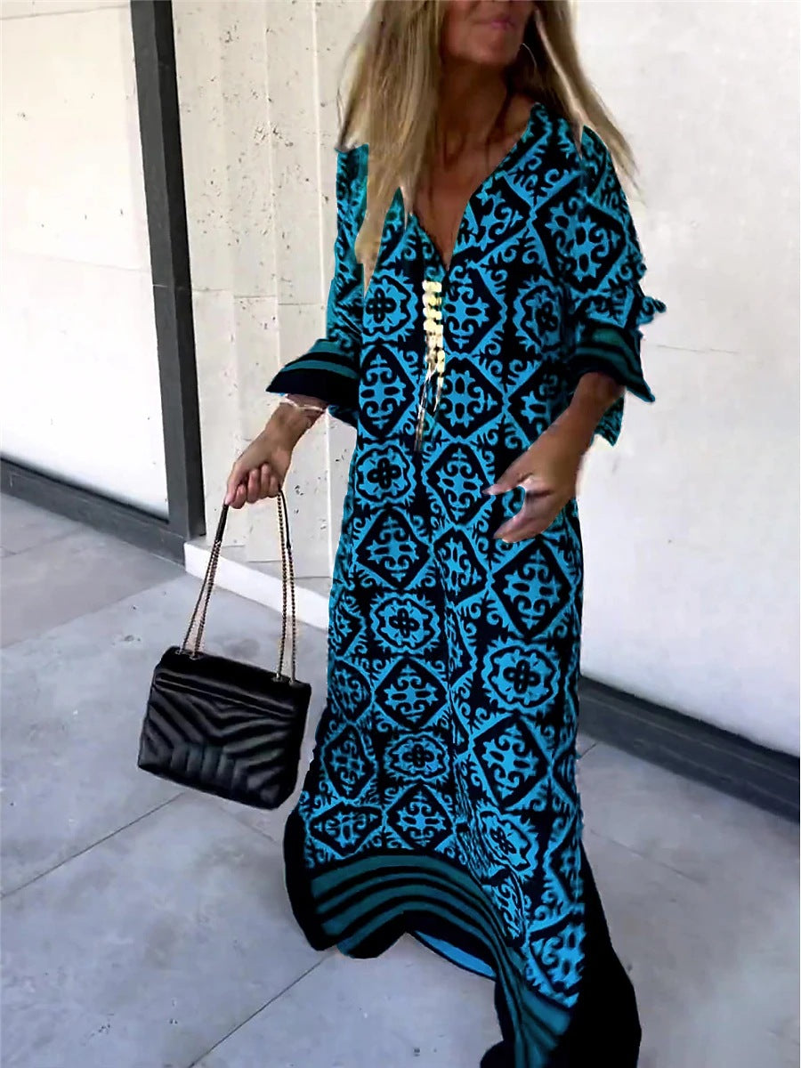 Women Casual Boho Style Geometry Stripe Print Long Sleeve V Neck Maxi Dress