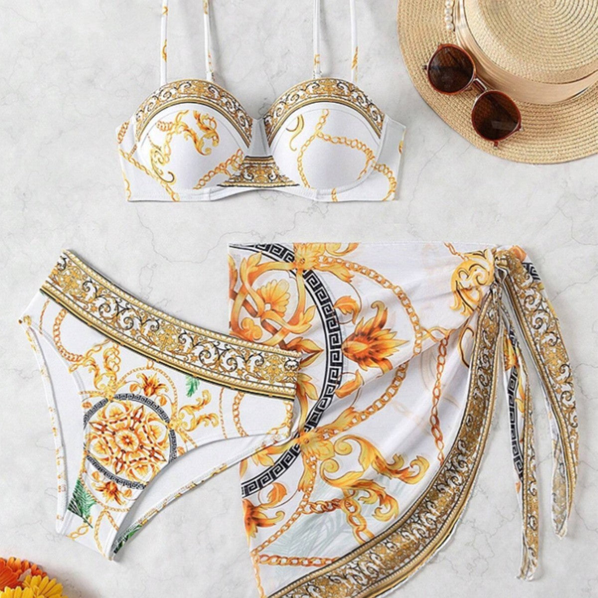 Traje de baño sexy estampado para mujer, conjunto de tres piezas
