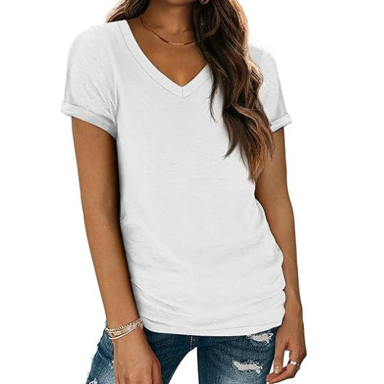 Camiseta informal de verano para mujer, color liso, cuello en V, manga corta, sin mangas