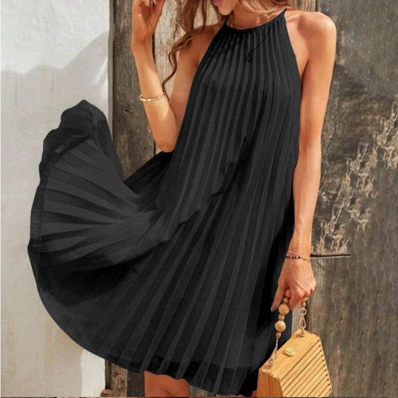 Women Fashion Elegant Solid Color Pleated Dress