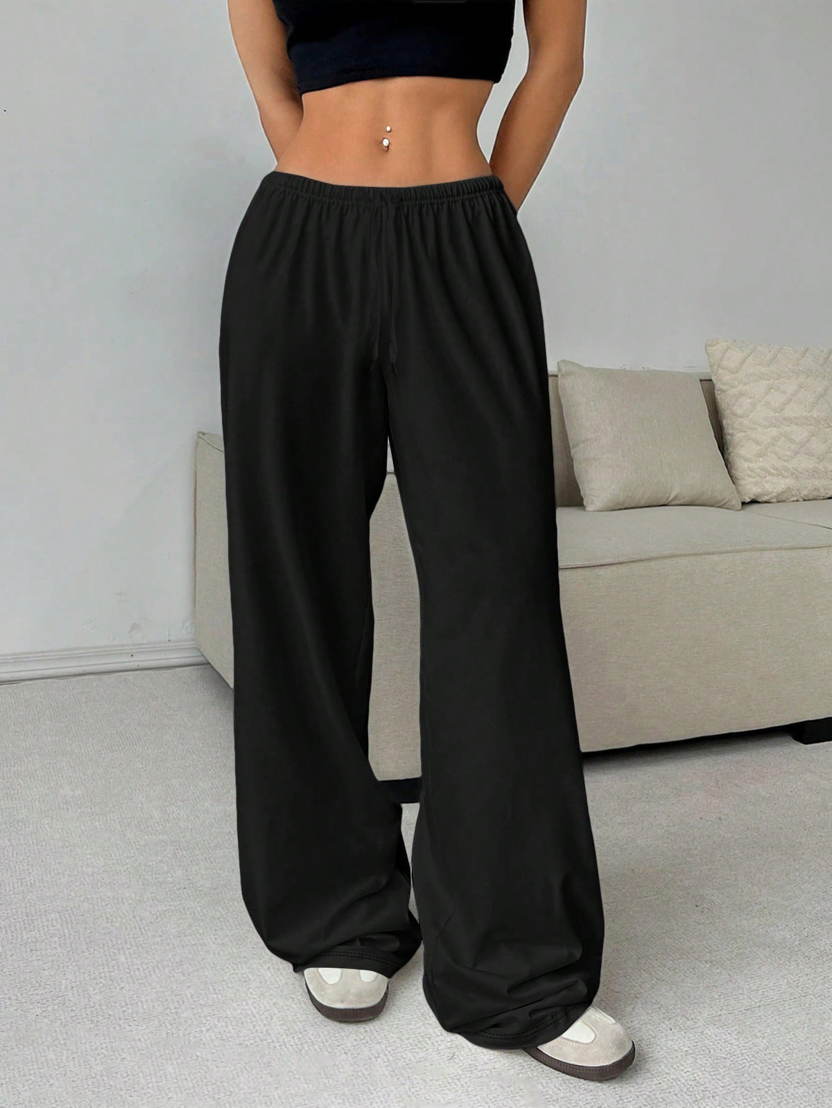 Pantalones casuales sencillos de color sólido con cordones y pierna ancha para mujer