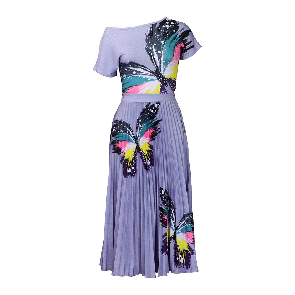 Women Fashion Plus Size Butterfly Print Top & Skirt Set