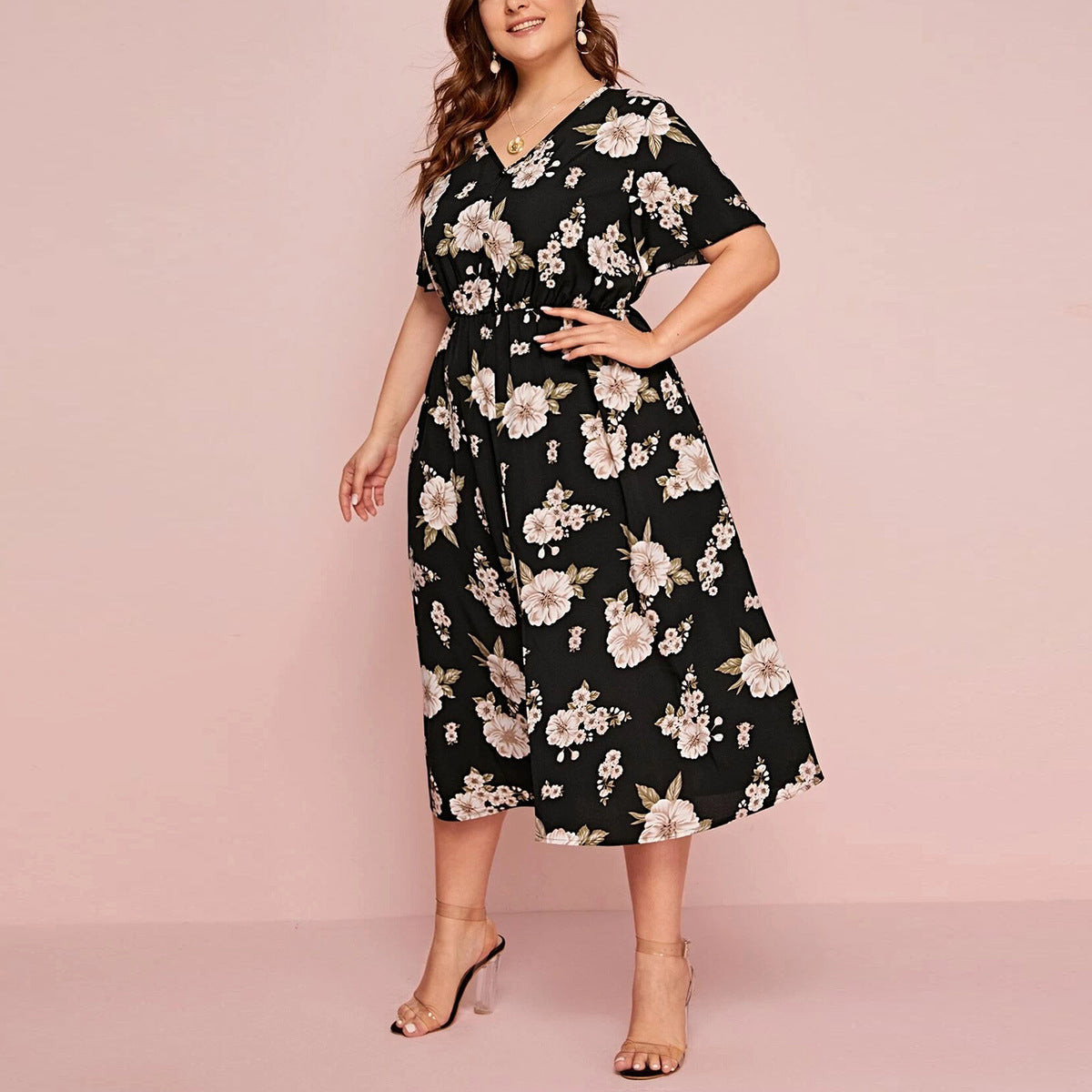 Women Casual Plus Size Chiffon Floral V-Neck Dress