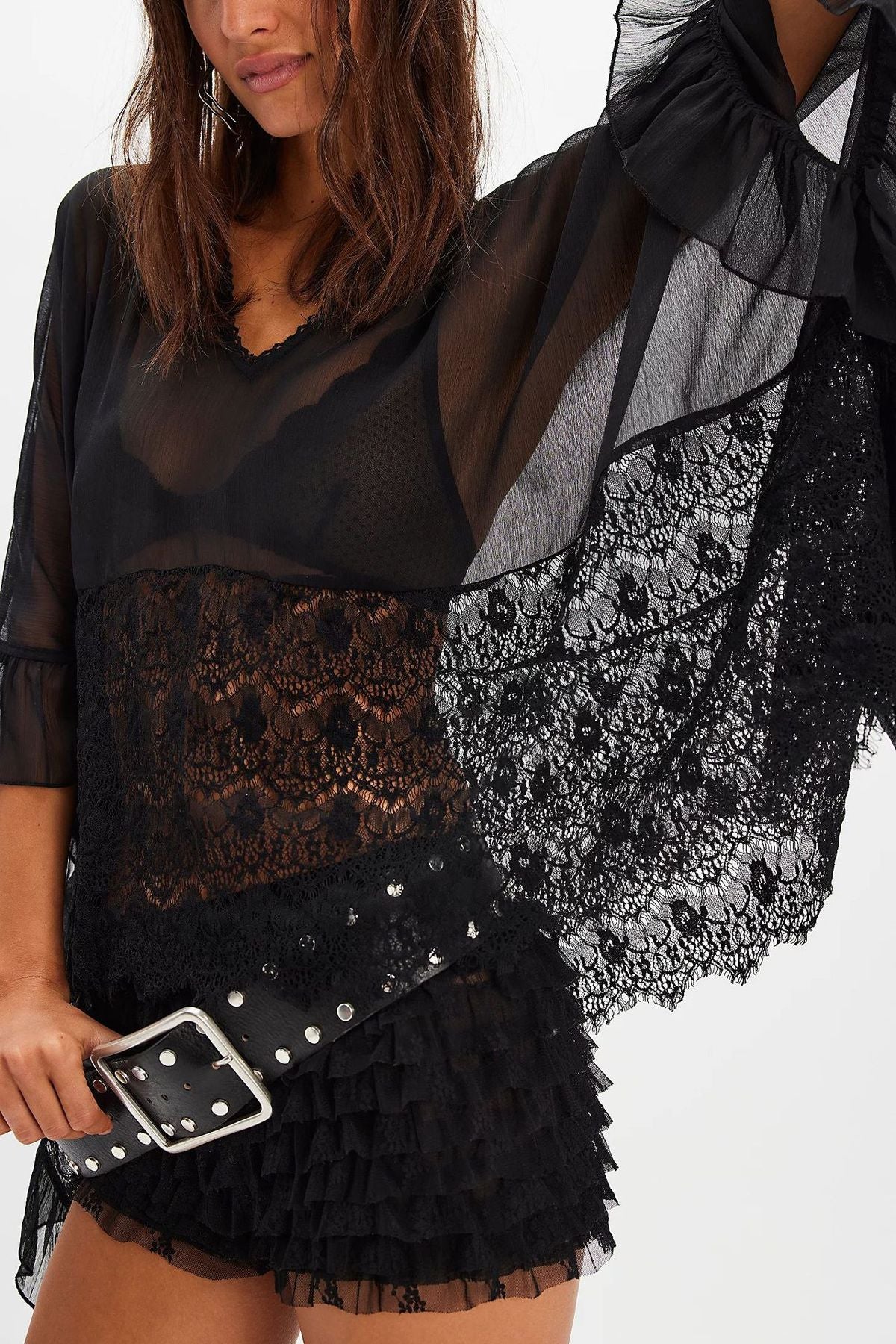 Women Fashion Sexy Mesh Lace Stitching Bat Sleeve Cover-Up