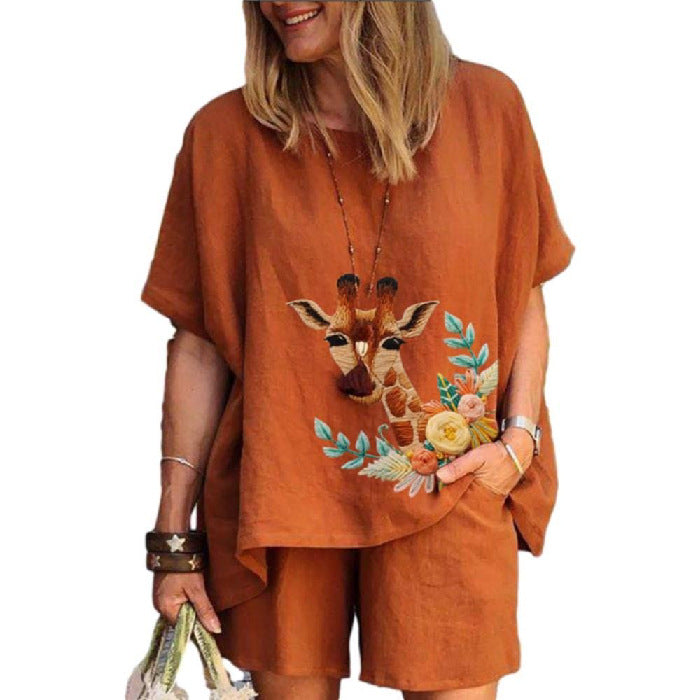 Women's Fashion Geometric Fawn Cotton and Linen Two-Piece Set