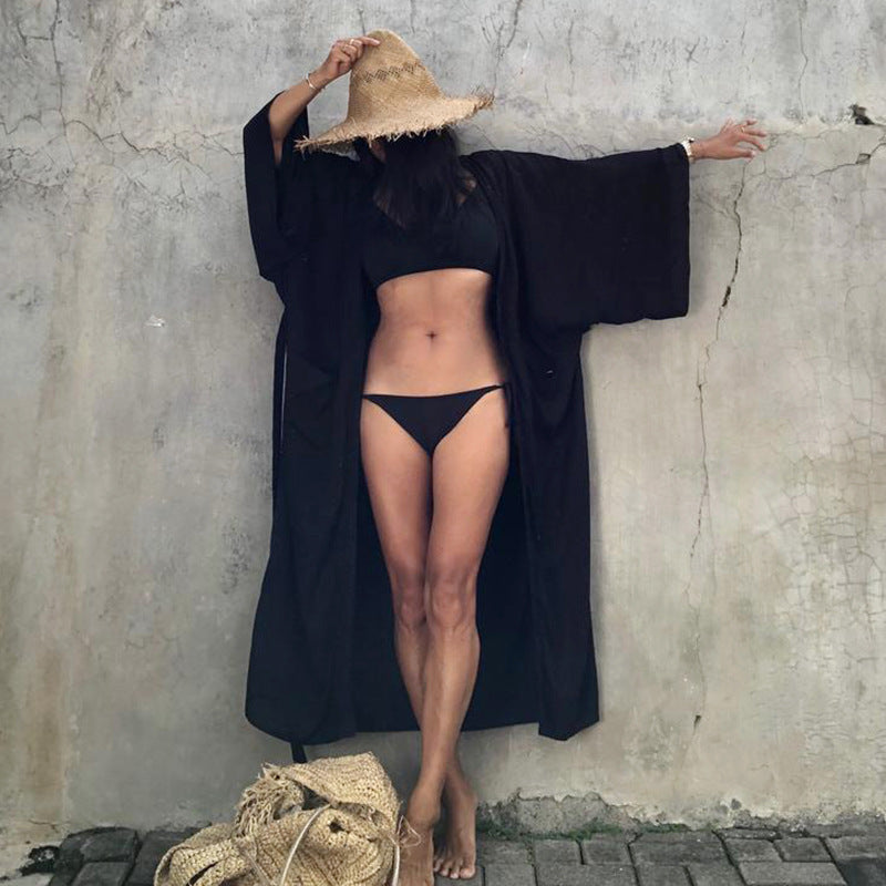 Vestido playero informal de manga larga con cordones para mujer