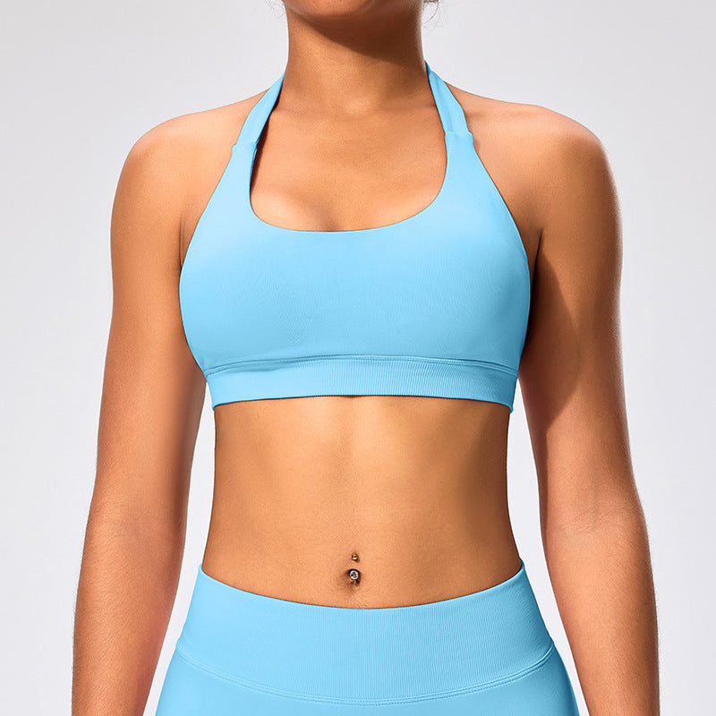 Haut de yoga sexy à col licou et couleur unie pour femme