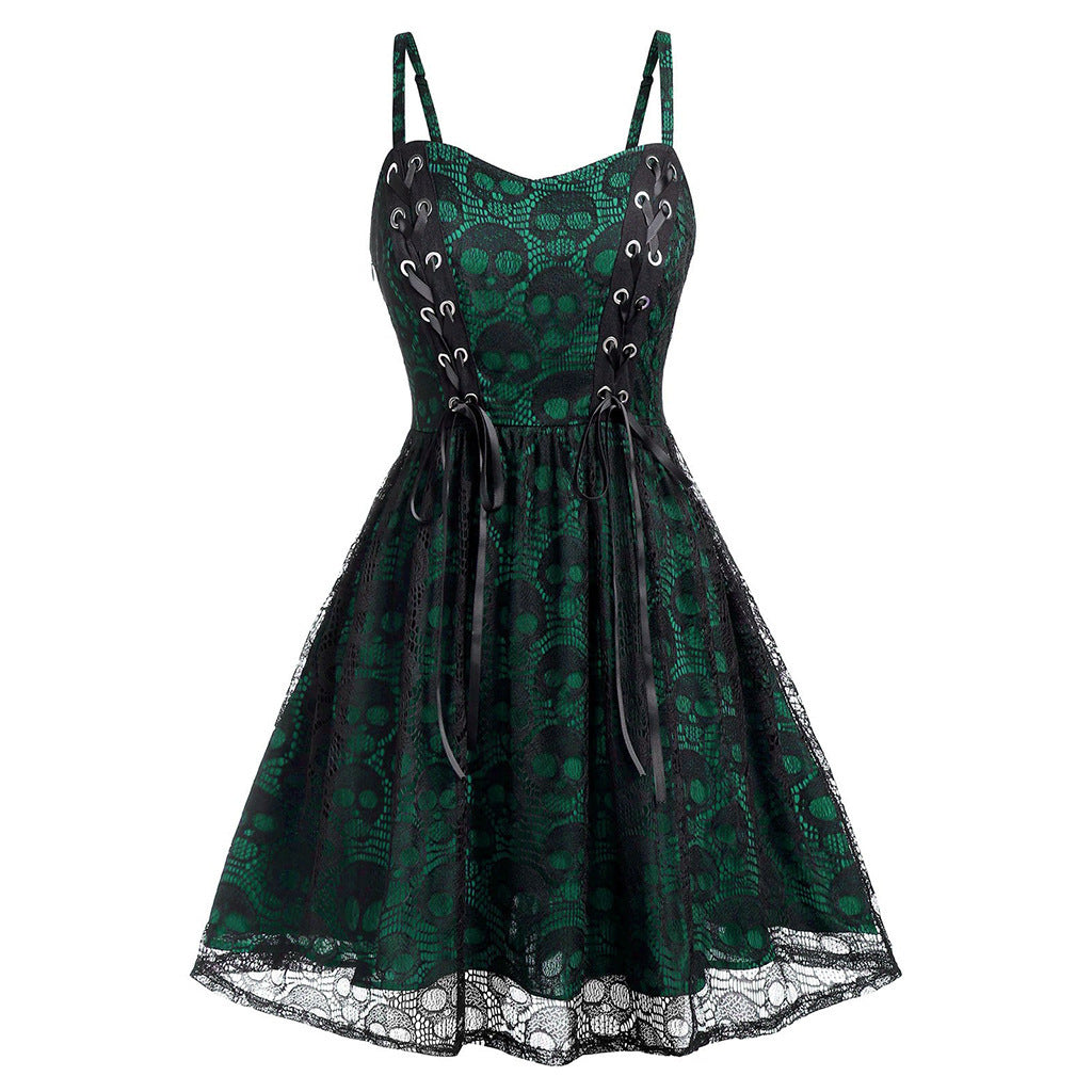 Women Fashion Retro Gothic Lace Splice Skull Dress
