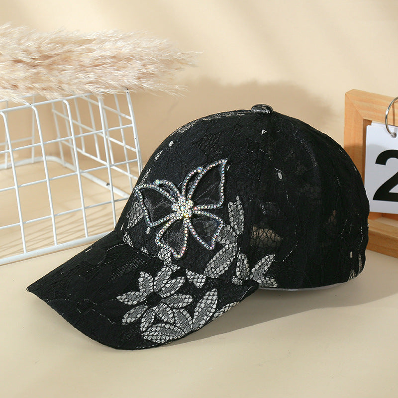 Gorra de béisbol con mariposas y encaje de diamantes de imitación para mujer
