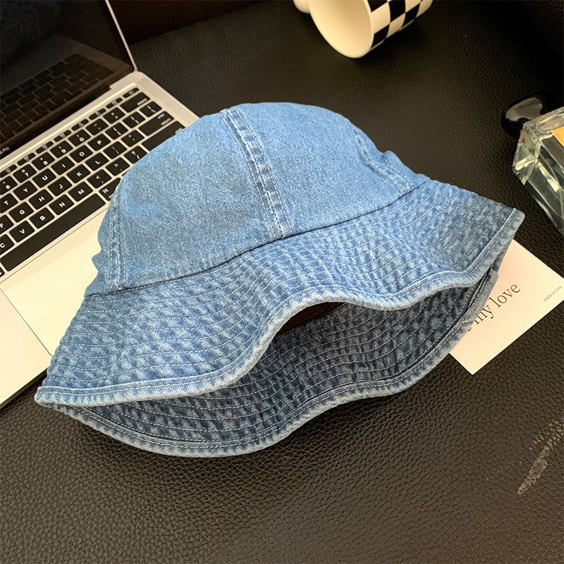 Women Fashion Wide Stripe Denim Bucket Hat in Blue Variants
