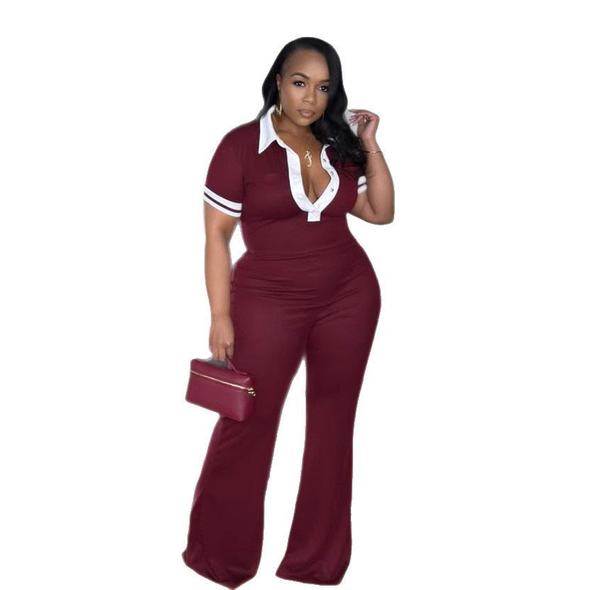 Women Fashion Casual Color-Contrast Lapel V-Neck Jumpsuits