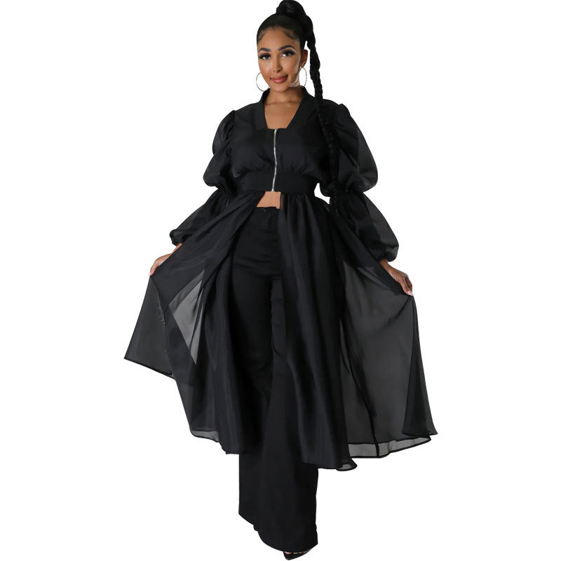 Vestido de malla de manga larga de color liso a la moda para mujer
