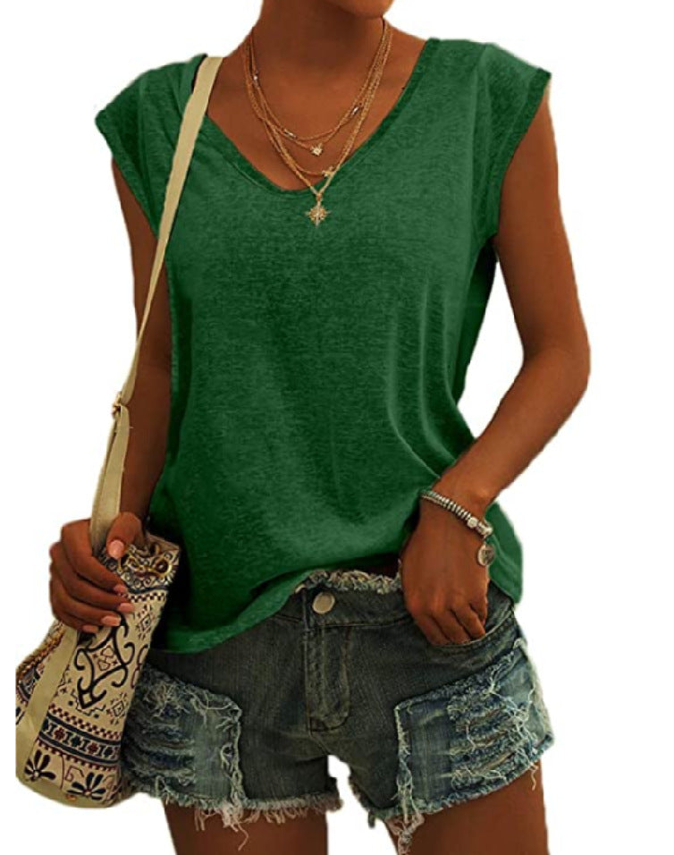 Camiseta sencilla de verano para mujer, color liso, con cuello en V