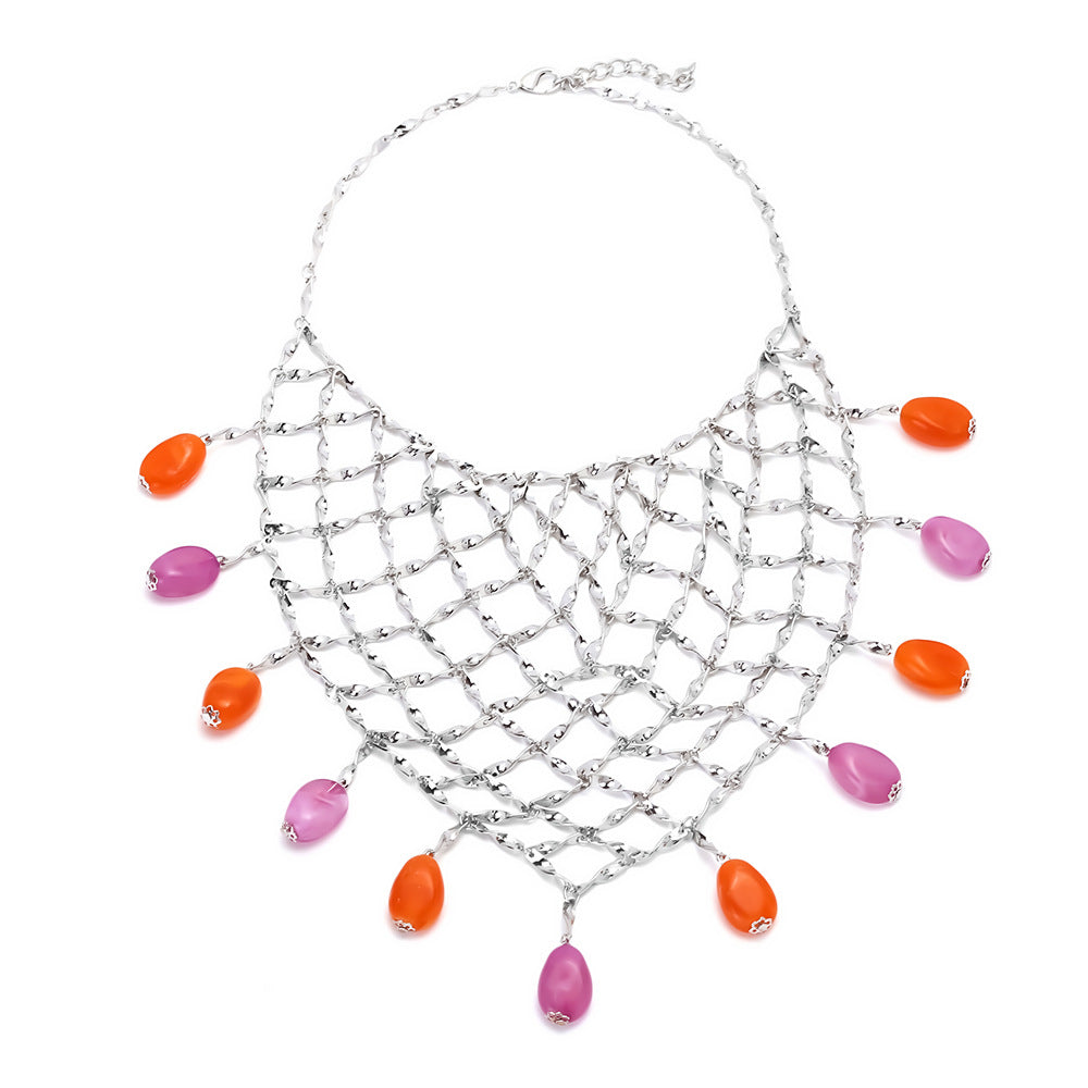 Collar creativo de malla metálica tejida a mano para mujer con colgante de cuentas de colores