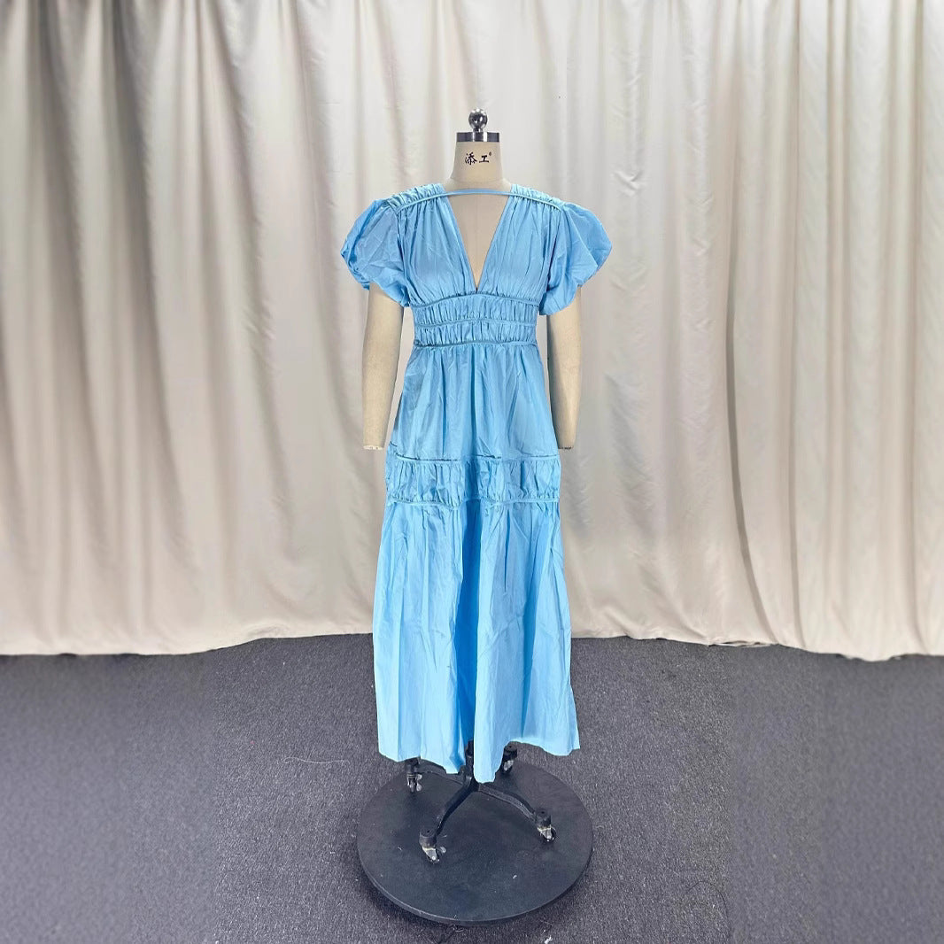 Women Casual Solid Cotton V-Neck Maxi Dress