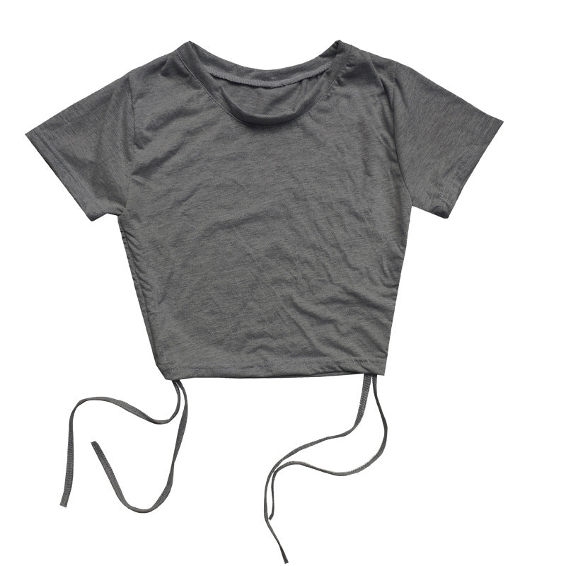 Top corto de manga corta con cordón ajustable, sexy, de color liso, a la moda para mujer