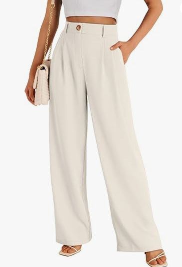 Pantalones casuales de pierna ancha para mujer, estilo poliéster de cintura alta