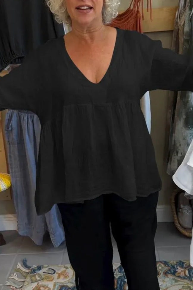 Women Casual Solid Cotton Linen V-Neck Blouse